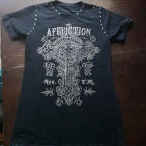 EUC Affliction brand shredded-back studded tee